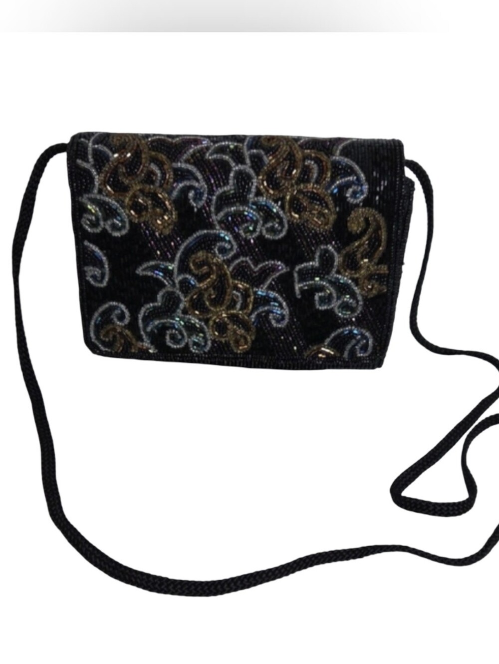 Black Beaded Multi Coloured Beads Shoulder Crossbody Evening Bag Purse Clutch